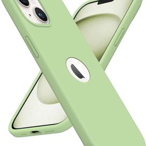 Elzzi Microfiber Logo Cut Cover Compatible for iPhone 13 Case Cushion Liquid Soft Silicone Gel Rubber Phone Non-Slip Full Body Protective Shockproof Back Cover 6.1 inch, Matcha Green